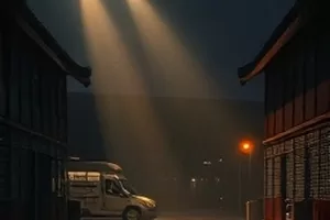 深蓝回声里深夜海面与远处一盏孤灯的冷调画面